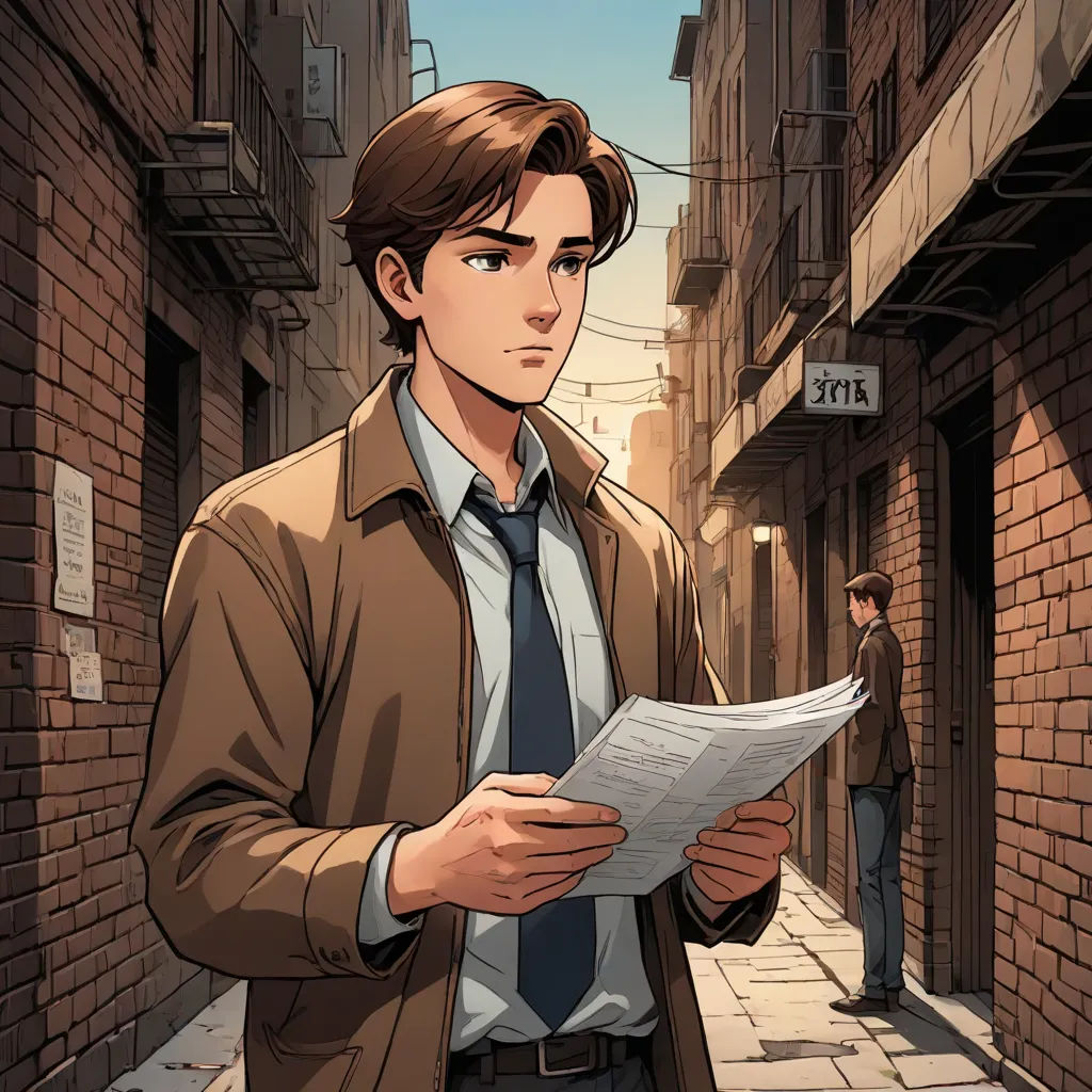 a man in a suit and tie standing on a street holding a paper and looking at a paper in his hand, Cedric Seaut (Keos Masons), context art, a comic book panel, official art