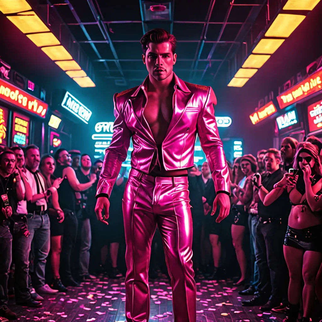 a man in a pink suit standing in front of a crowd of people in a nightclub with neon lights, kitsch movement, a poster, Benjamin Marra, promotional image