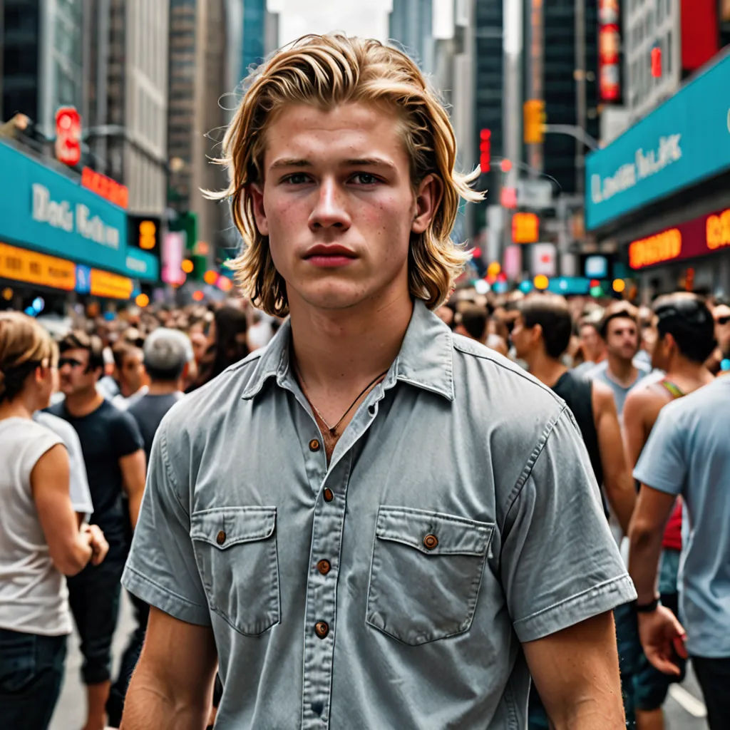 a man standing in the middle of a crowded street with a lot of people walking around him and a traffic light, maximalism, a character portrait, Chase Stone, mitchell mohrhauser