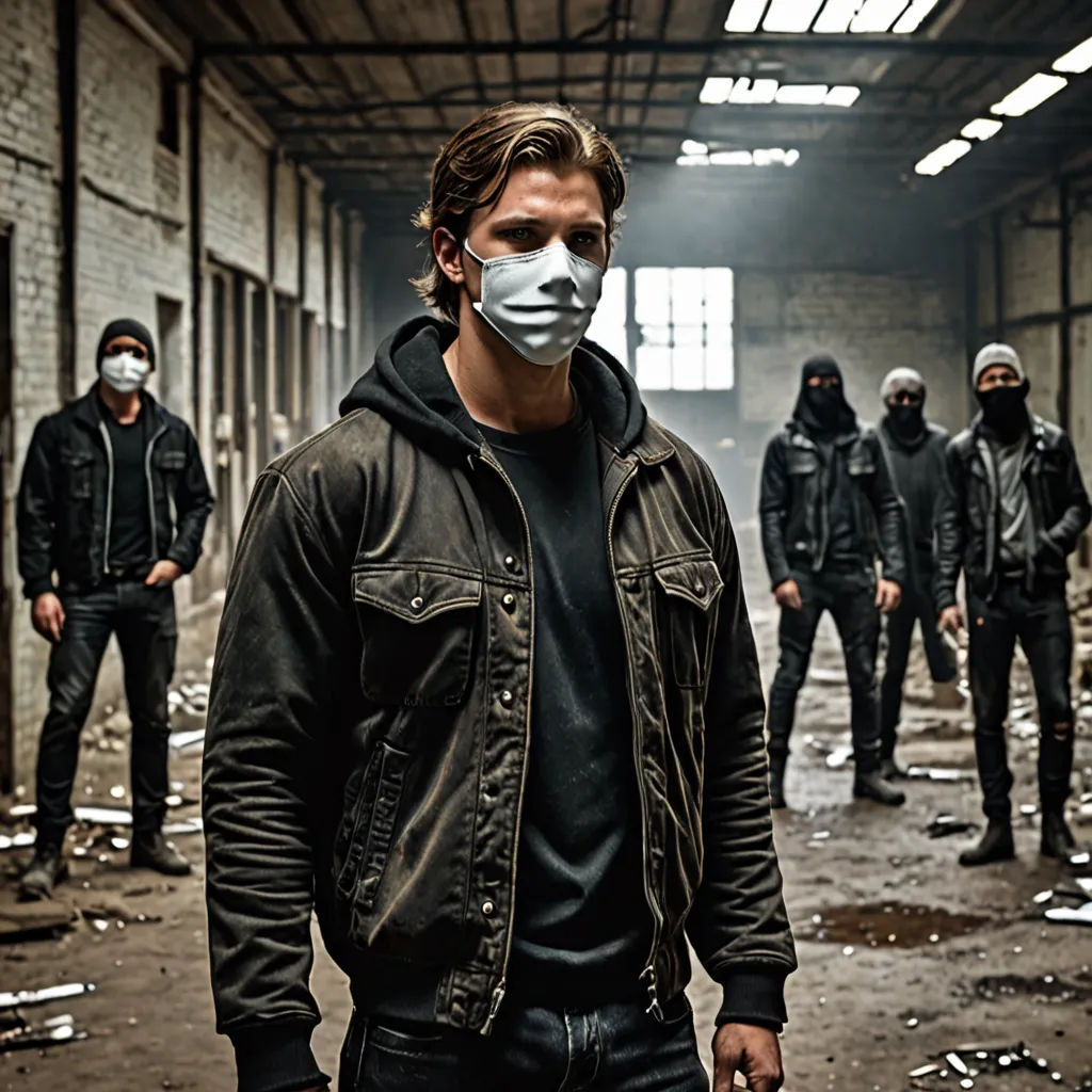 a group of men in black jackets and masks standing in a warehouse area with a white mask on their face, viennese actionism, a poster, Alexander Kucharsky, promotional image