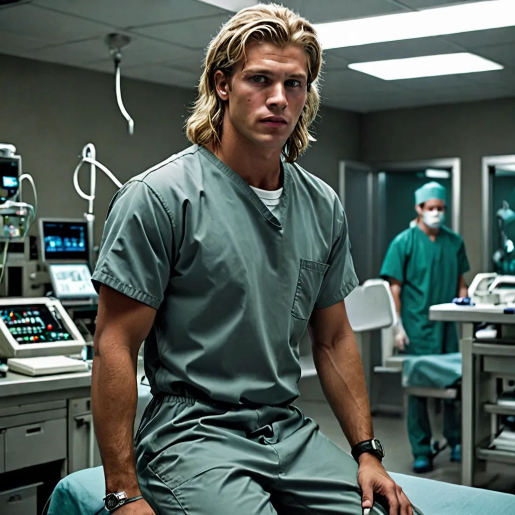 a man in scrubs sitting on a hospital bed in a room with medical equipment and medical staff in the background, neoplasticism, a poster, Christopher Rush, long hair