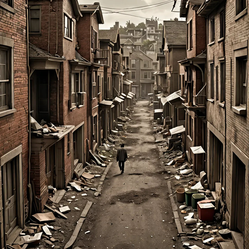 a person walking down a street in a slum city with lots of debris on the ground and buildings, american realism, a detailed matte painting, Dirk Crabeth, post apocalyptic