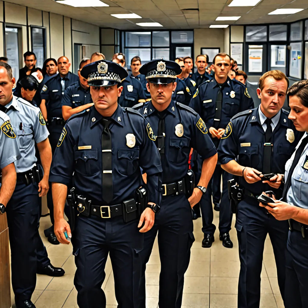 a group of police officers standing in a room together with a woman looking at her phone and a man standing in front of them, antipodeans, a stock photo, Bradley Walker Tomlin, professional photo