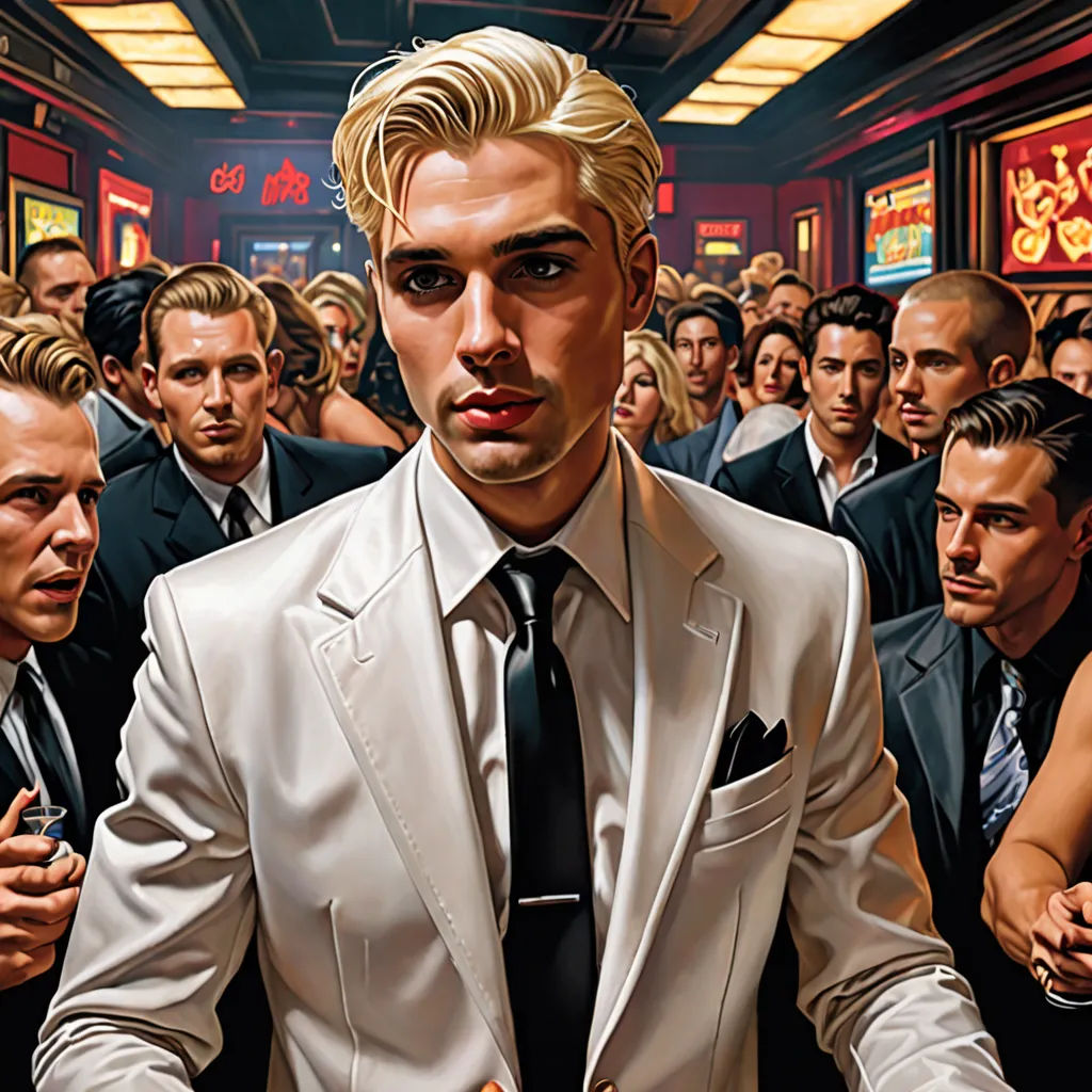 a painting of a man in a suit surrounded by other men in suits and ties, all looking at the camera, hypermodernism, a hyperrealistic painting, F. Scott Hess, highly detailed digital painting