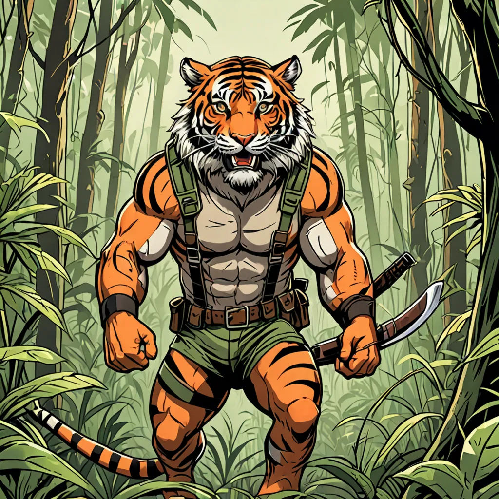a tiger in a jungle with a sword and a helmet on his head and a large knife in his hand, Benjamin Marra, furry art, a comic book panel, comic cover art