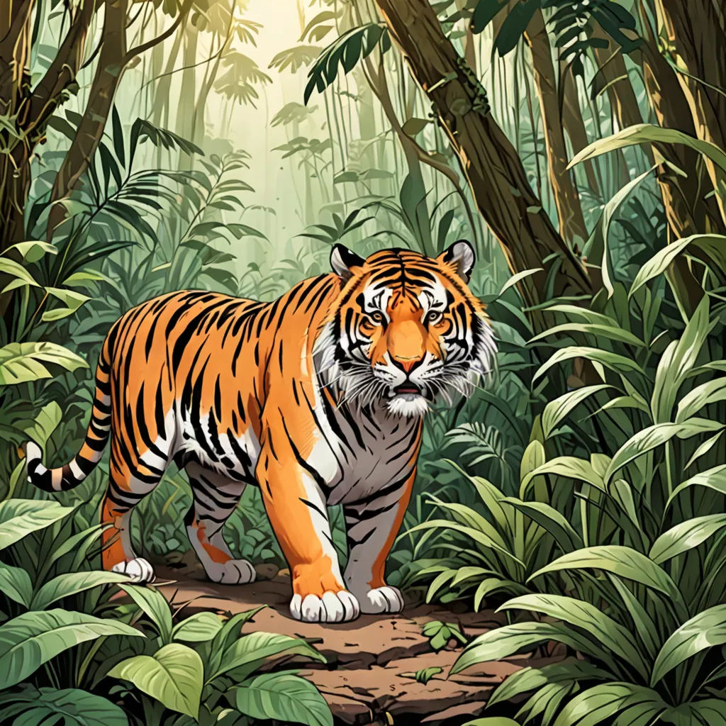 a tiger walking through a jungle with lots of trees and plants on the ground and a sunbeam in the background, Dan Mumford, bengal school of art, a comic book panel, jungle