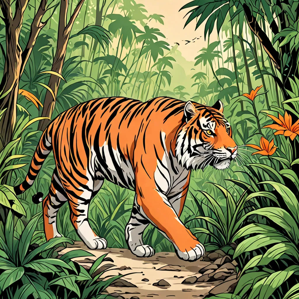 a tiger walking through a jungle with a bird flying above it and a bird flying above it, with a background of trees and leaves, Arie Smit, bengal school of art, an illustration of, jungle