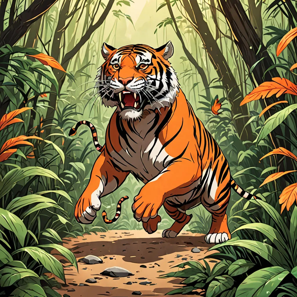 a tiger running through a jungle with leaves and trees around it's edges and a light shining on the ground, Dan Mumford, bengal school of art, a comic book panel, official art