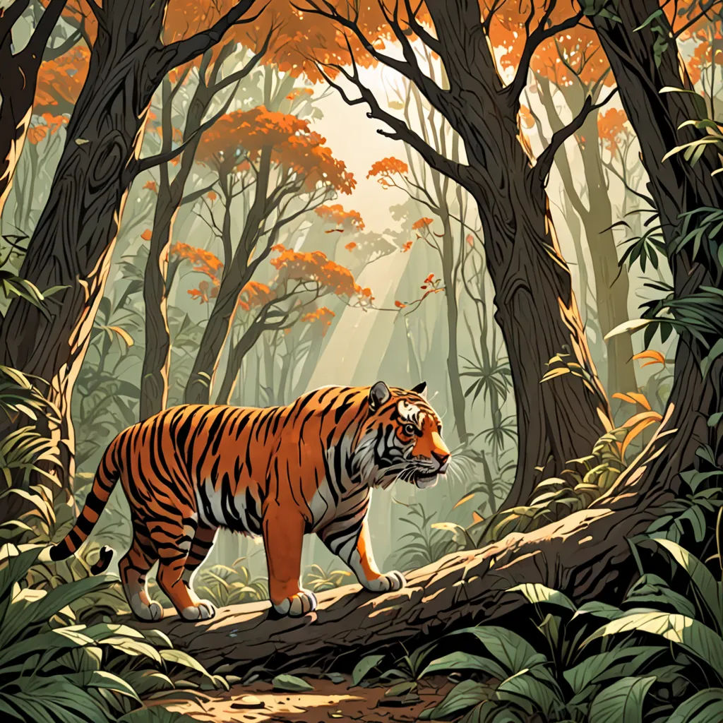 a tiger walking through a forest filled with trees and leaves on a sunny day with sunlight streaming through the trees, Dan Mumford, bengal school of art, poster art, rossdraws global illumination
