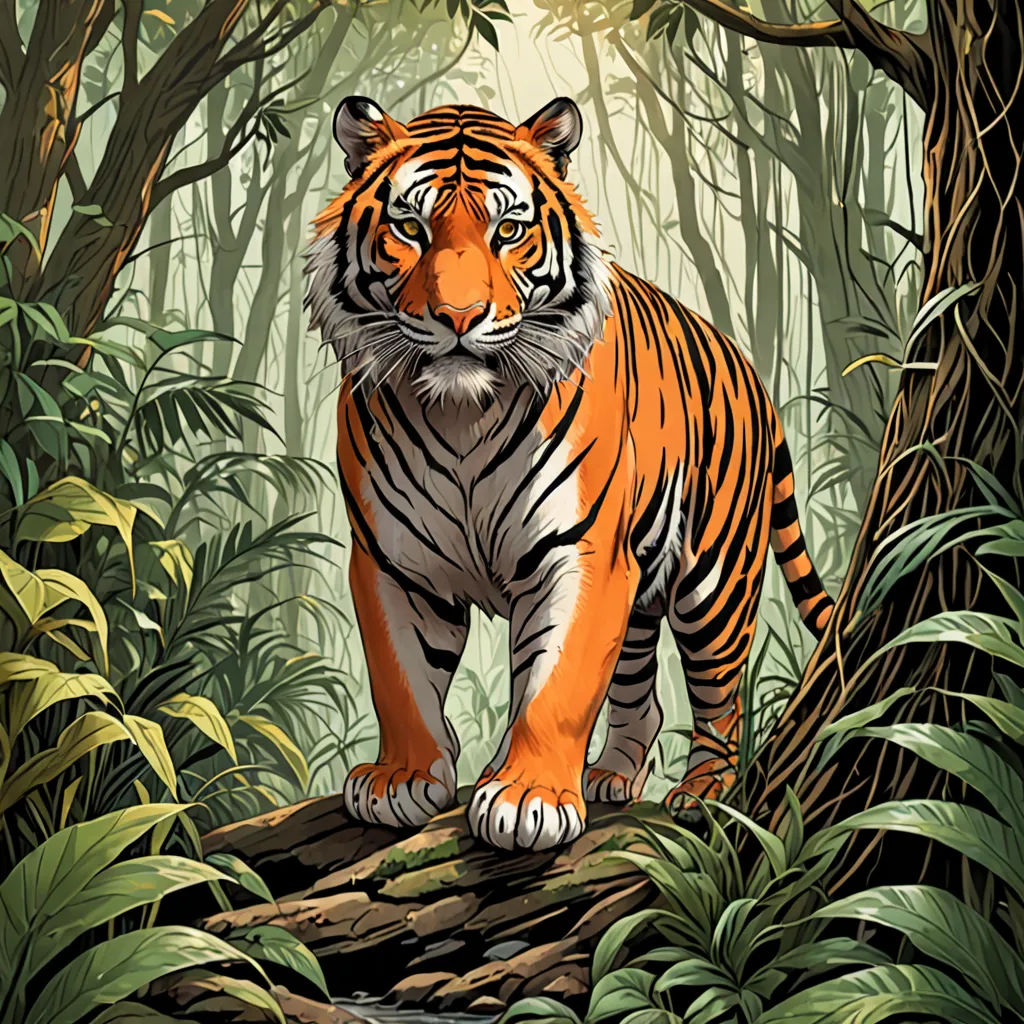 a tiger walking across a forest filled with trees and plants on a log in the middle of the jungle, Dan Mumford, furry art, a detailed painting, highly detailed digital painting