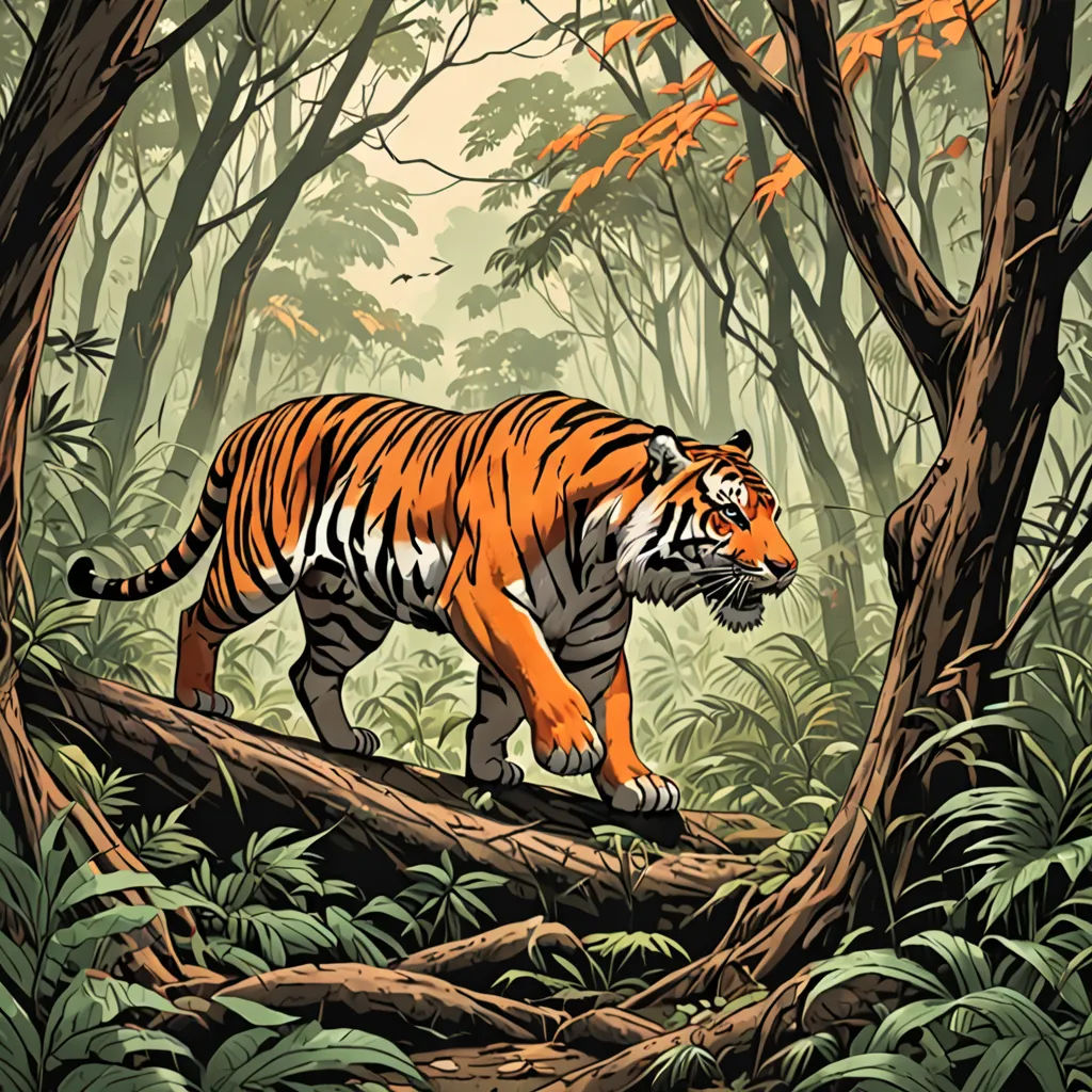 a tiger walking across a forest filled with trees and leaves on a log bridge over a river with a forest floor, Dan Mumford, sumatraism, a silk screen, josan gonzales and dan mumford