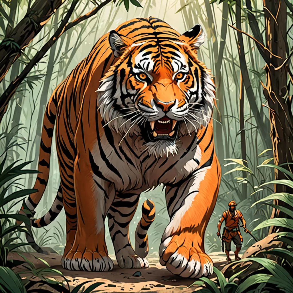 a tiger walking through a forest with a man in the background on a path to the jungle with tall trees, Dan Mumford, sumatraism, a storybook illustration, highly detailed digital painting