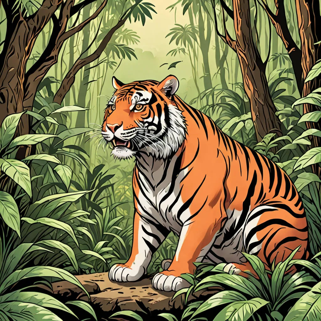 a tiger sitting in the middle of a jungle with trees and plants around it, looking at the camera, Dan Mumford, bengal school of art, an illustration of, high detail illustration