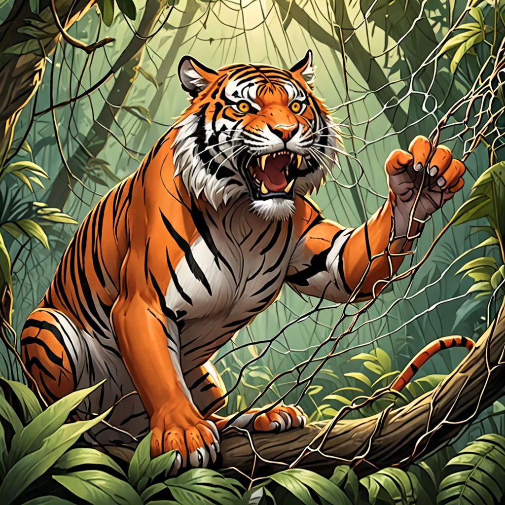 a tiger is climbing a tree branch in the jungle with his mouth open and claws out, with a net in the foreground, Dan Mumford, furry art, a comic book panel, furaffinity
