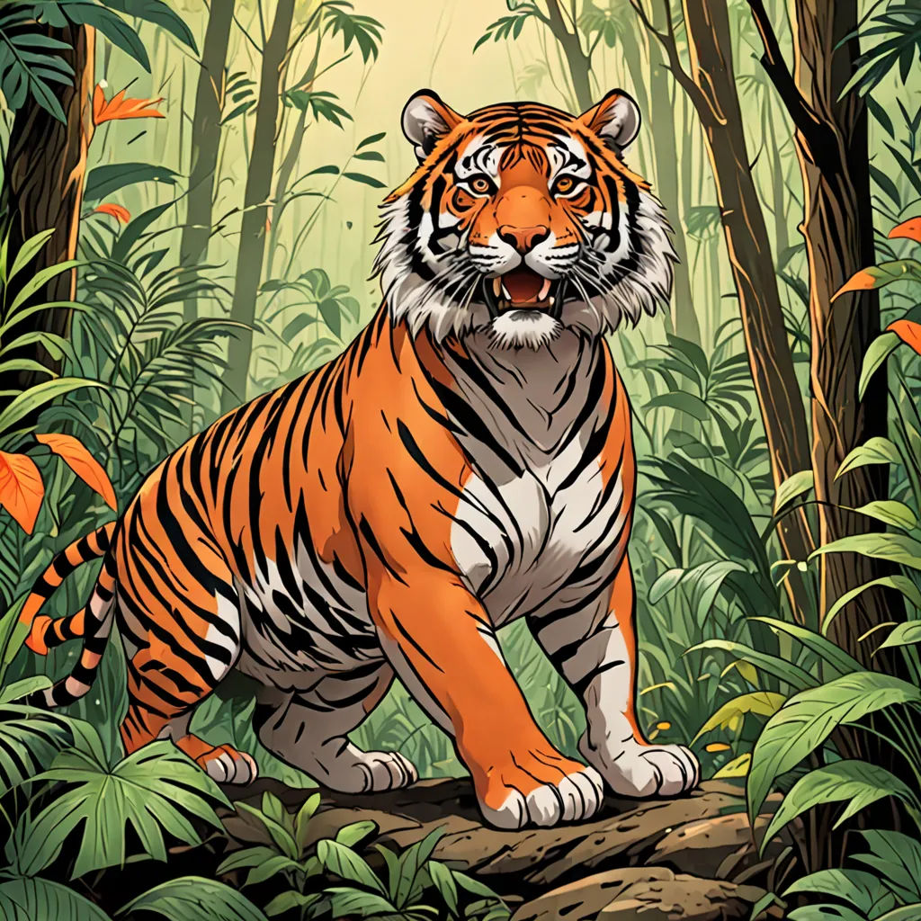 a tiger standing in the middle of a jungle with trees and plants around it and a sunbeam in the background, Dan Mumford, bengal school of art, a character portrait, josan gonzales and dan mumford