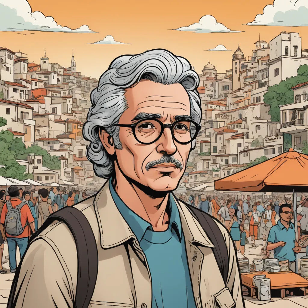 a man with glasses and a backpack standing in front of a crowd of people in a city with buildings, serial art, a character portrait, Asaf Hanuka, graphic novel