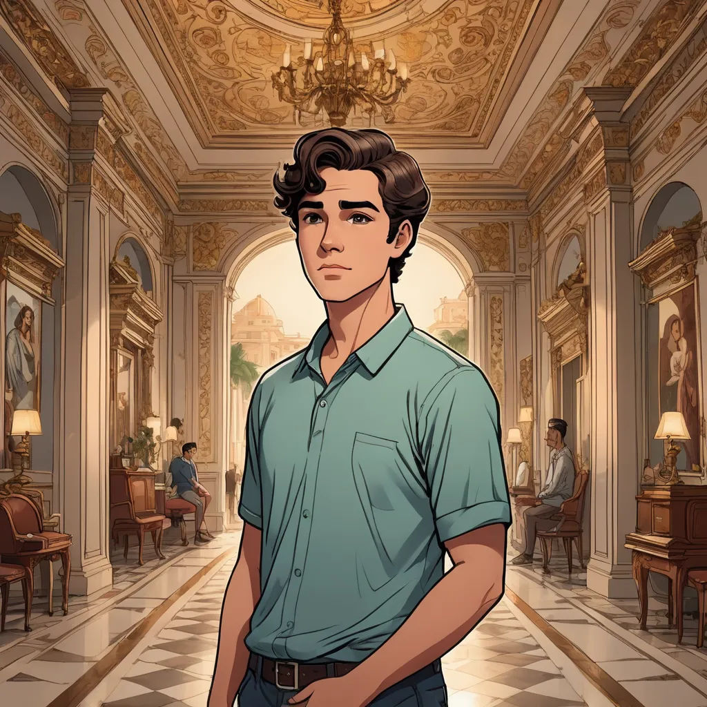 a man standing in a room with a chandelier and a chandelier hanging from the ceiling, aestheticism, a character portrait, Cedric Seaut (Keos Masons), official art