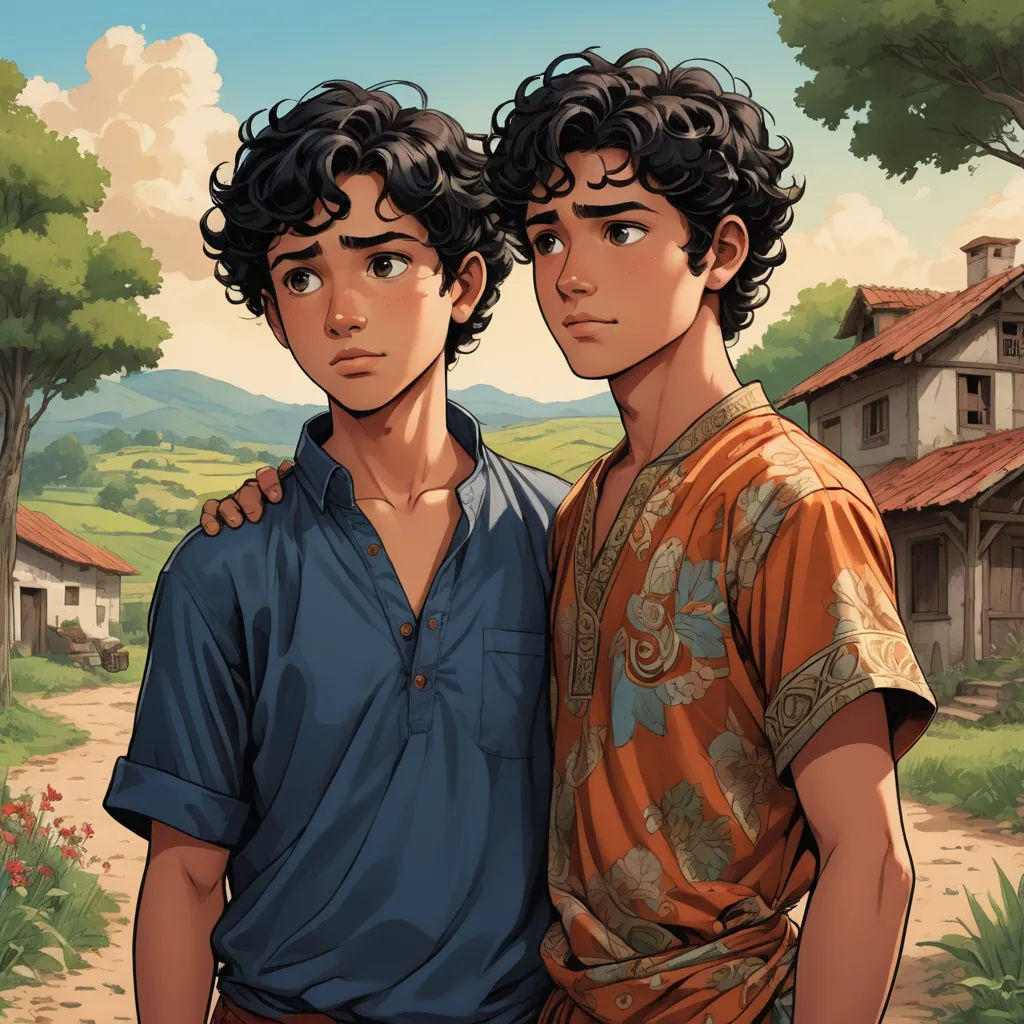 two young men standing next to each other in front of a house and a tree with mountains in the background, serial art, a comic book panel, Brothers Hildebrandt, official art