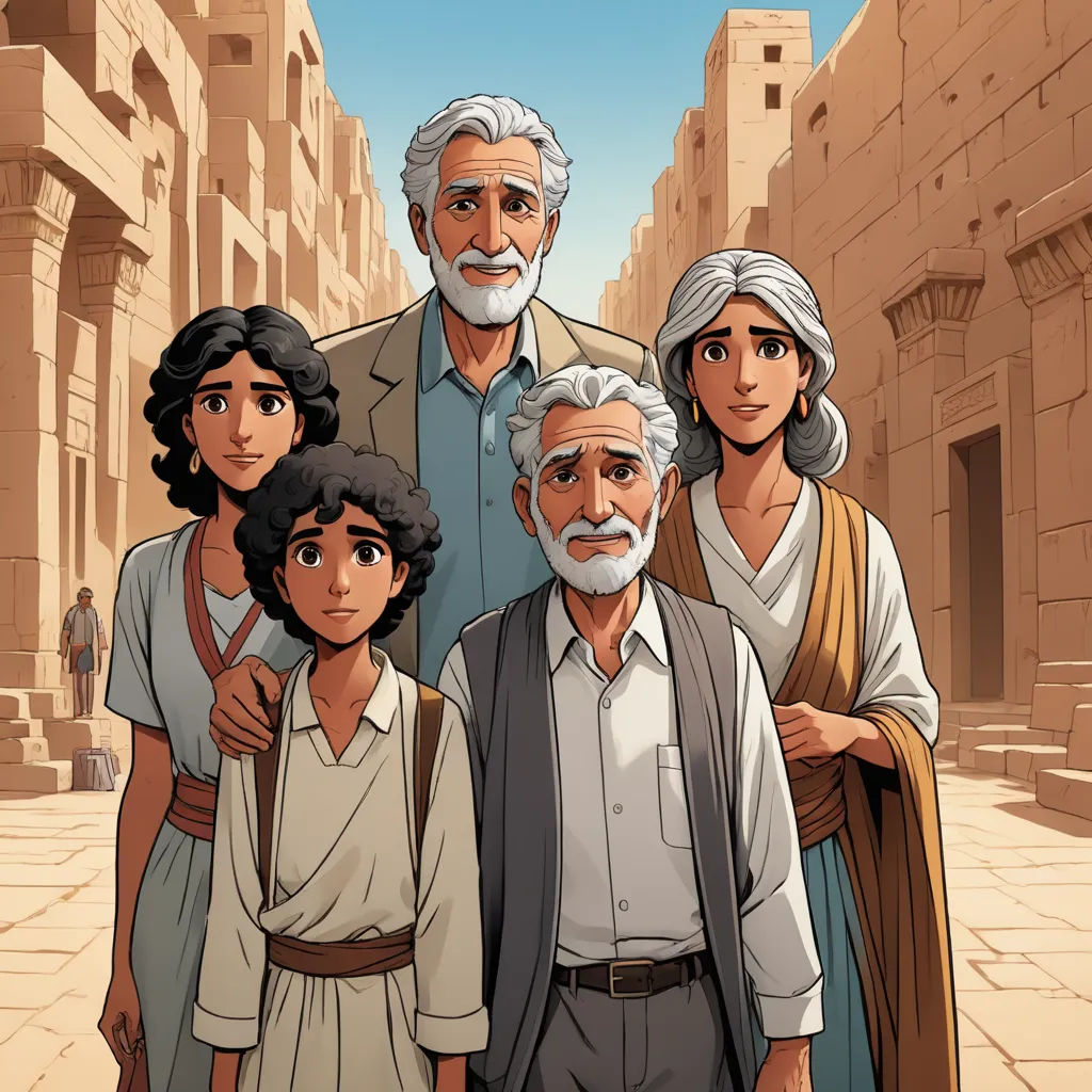 a group of people standing in front of a building with a sky background and a man in a suit, serial art, egyptian art, Asaf Hanuka, official art