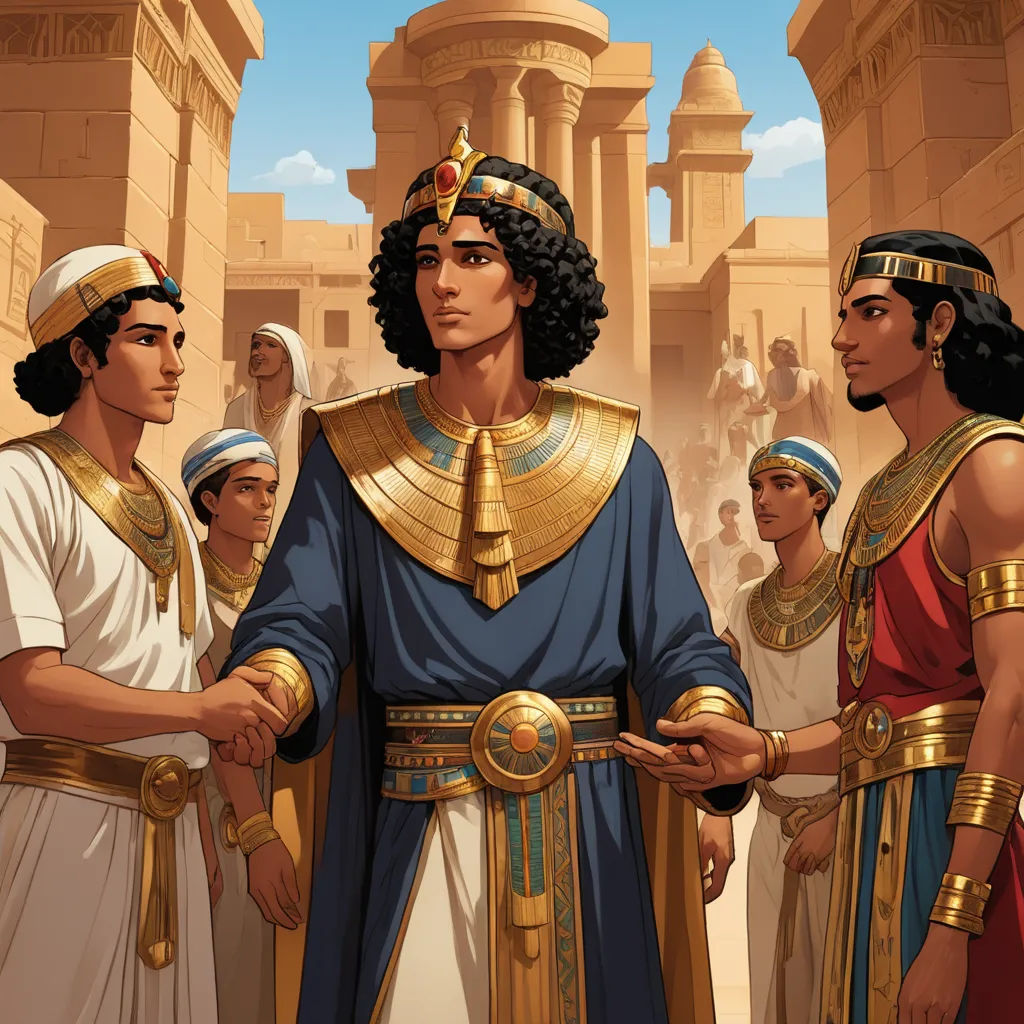 a group of men standing next to each other in front of a building with gold accents on it and wearing ancient costumes, dau-al-set, egyptian art, Brothers Hildebrandt, official art