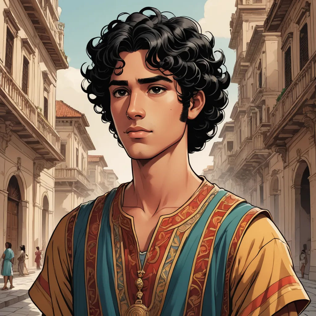 a man with curly hair and a necklace on his neck in a street with buildings and people in the background, classical realism, a character portrait, Anthony Palumbo, character portrait
