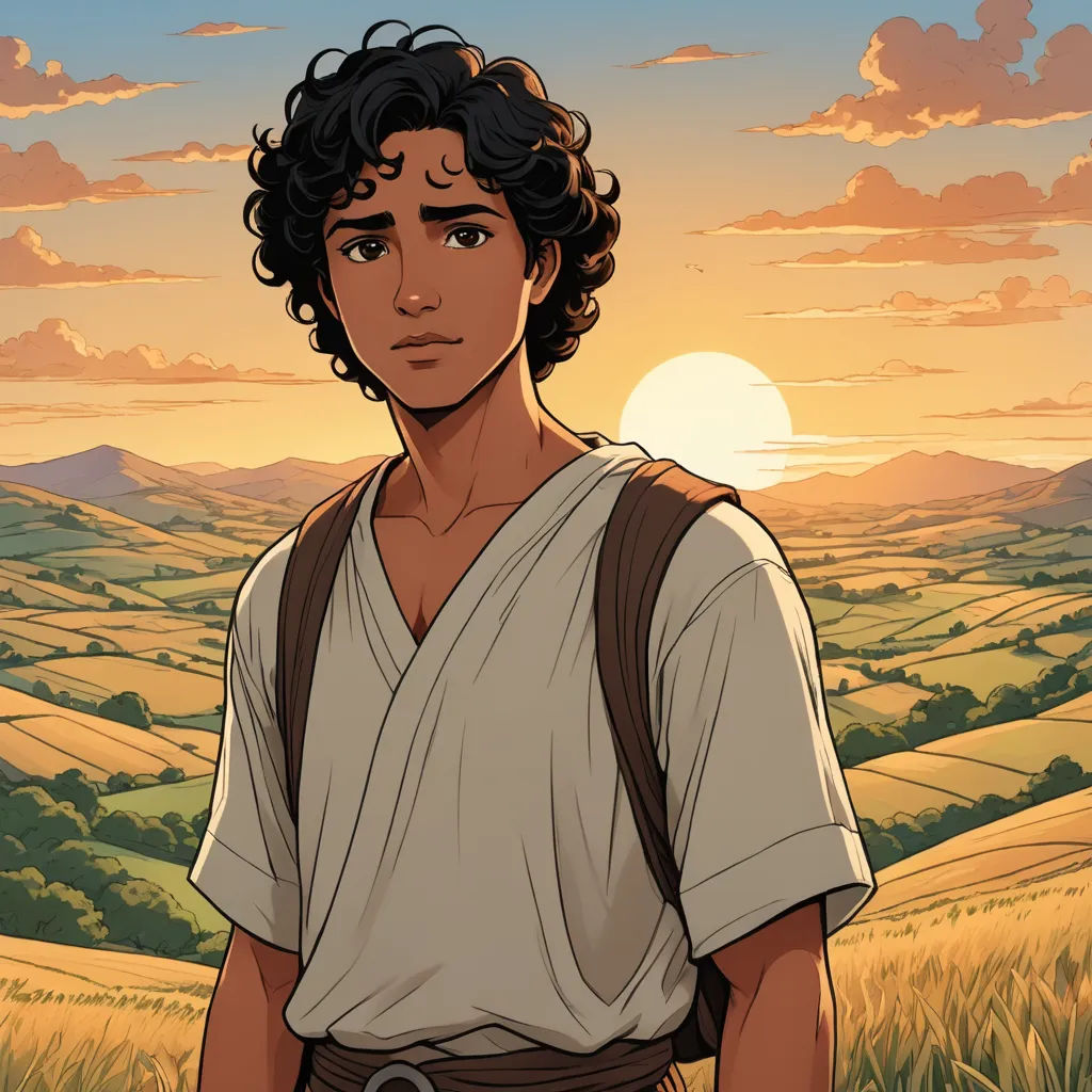 a man with a brown belt standing in a field of grass with a sunset in the background and clouds, serial art, a character portrait, Cedric Seaut (Keos Masons), official art