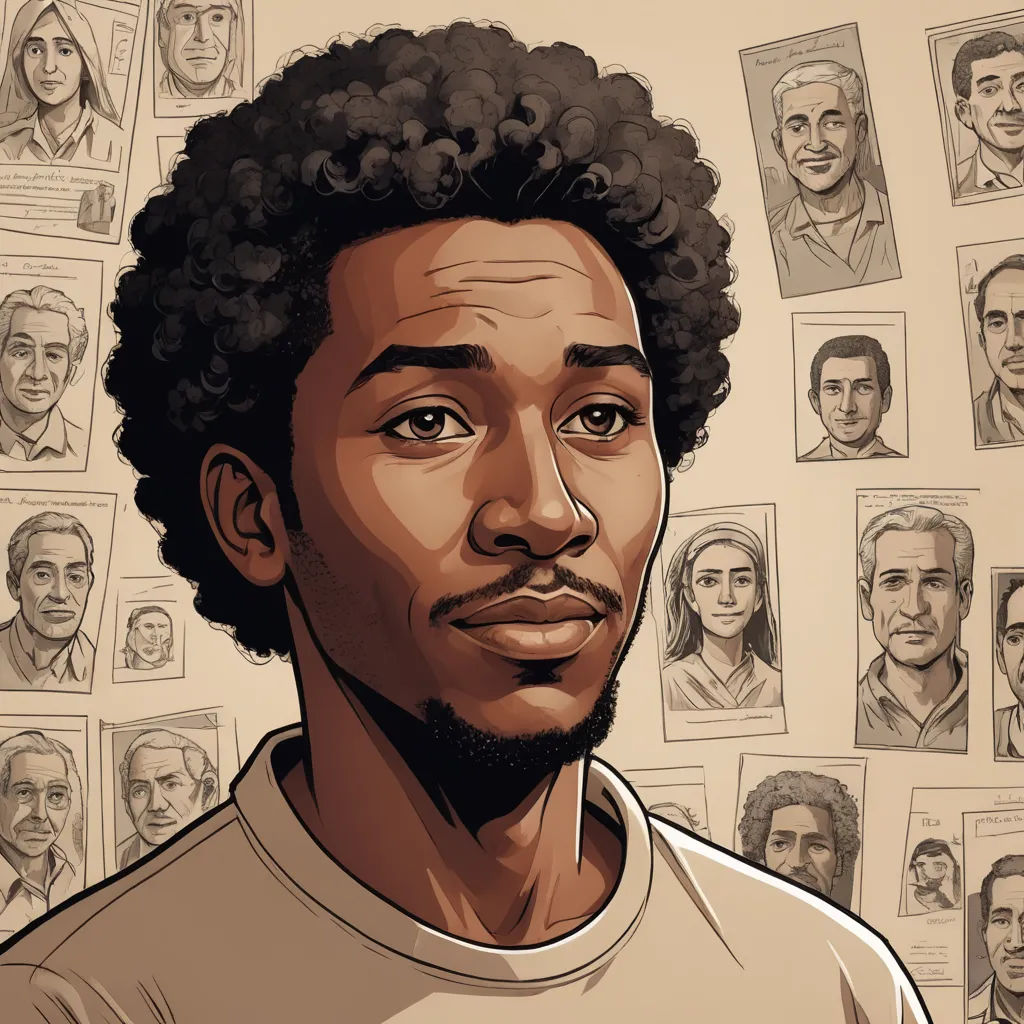 a man with a beard and many heads of people behind him, in a cartoon style, with a neutral background, serial art, a character portrait, Asaf Hanuka, character portrait