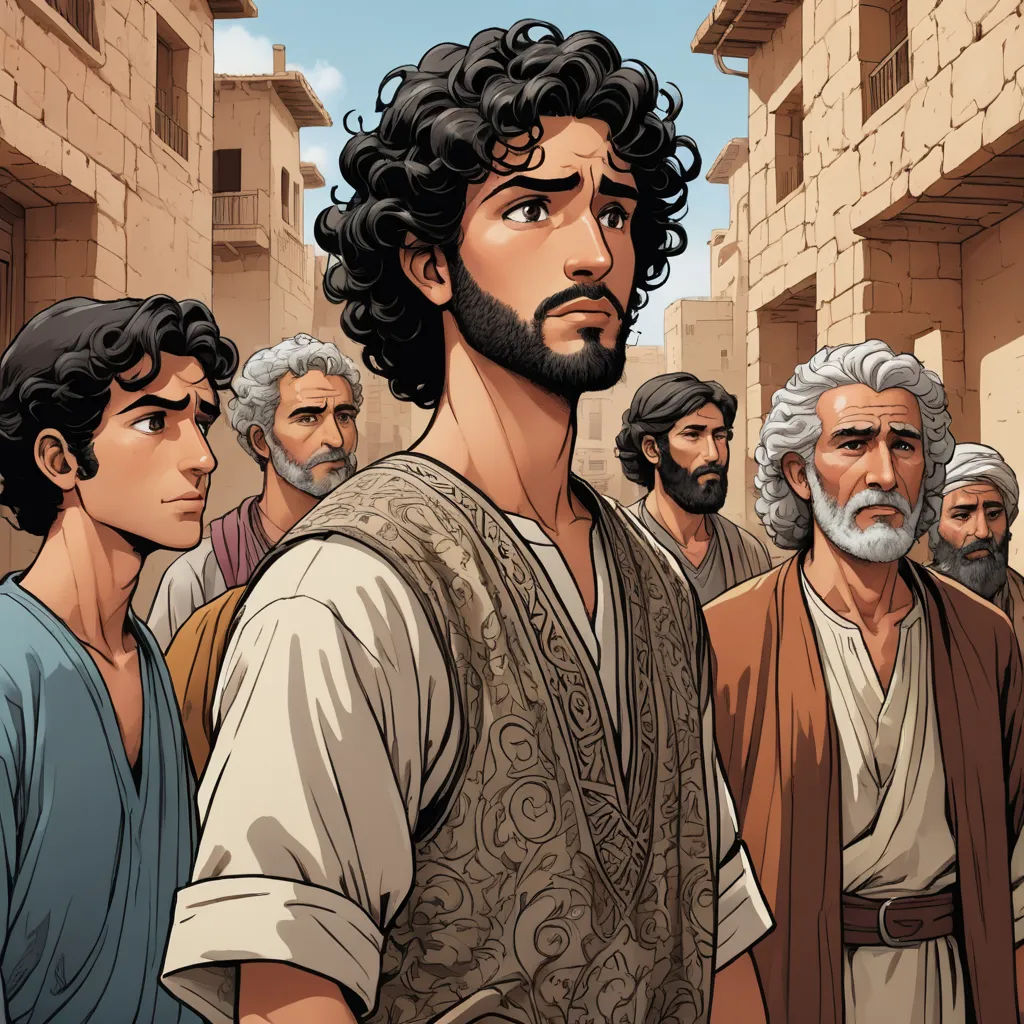 a man with a beard and a beard standing in front of a group of men in ancient greek dress, incoherents, a comic book panel, Asaf Hanuka, graphic novel