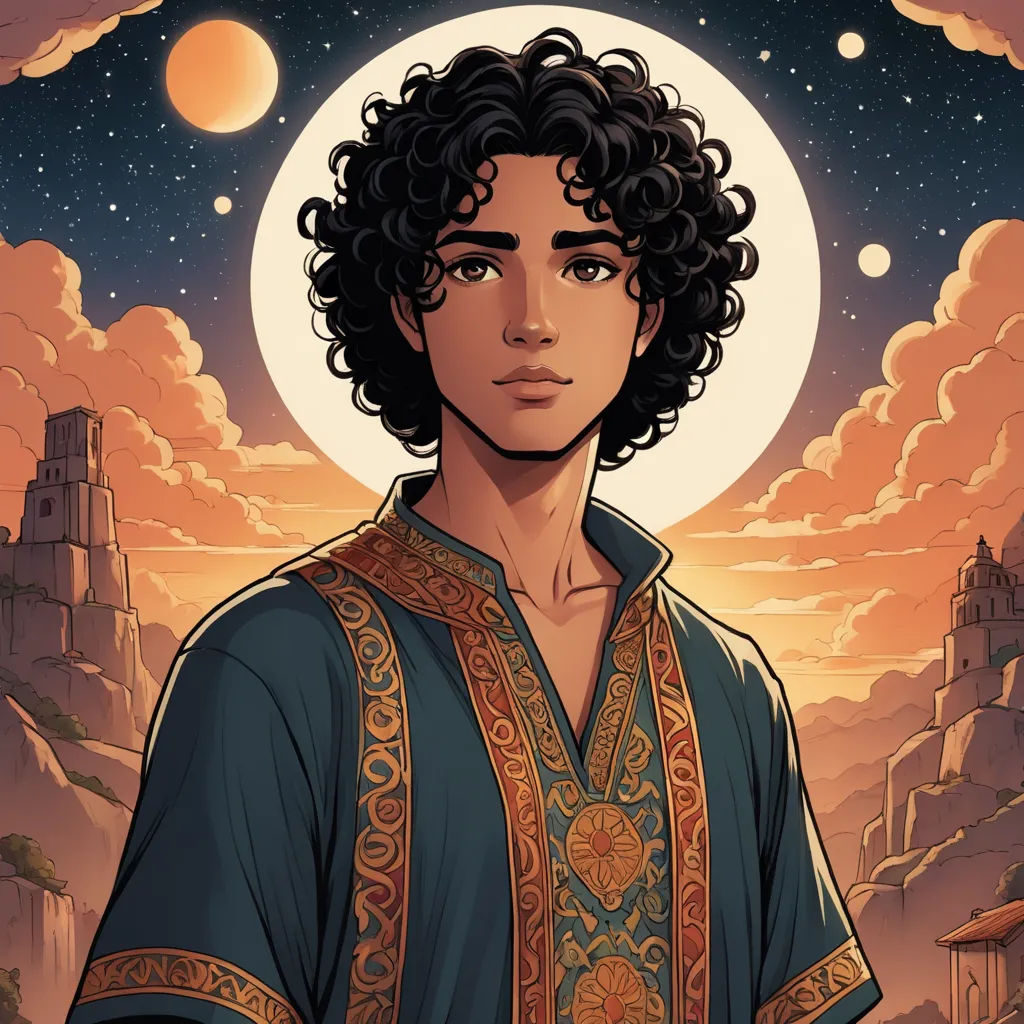 a man with curly hair standing in front of a full moon and a castle in the background with clouds, fantasy art, a character portrait, Altoon Sultan, comic cover art