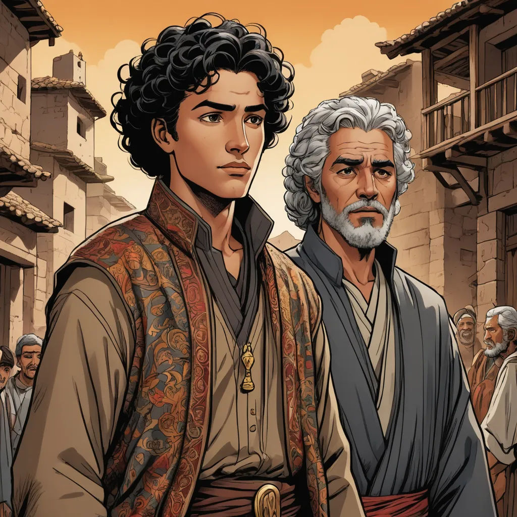 a man with a beard and a beard standing next to another man in a brown outfit and a white beard, fantasy art, a comic book panel, Brothers Hildebrandt, graphic novel