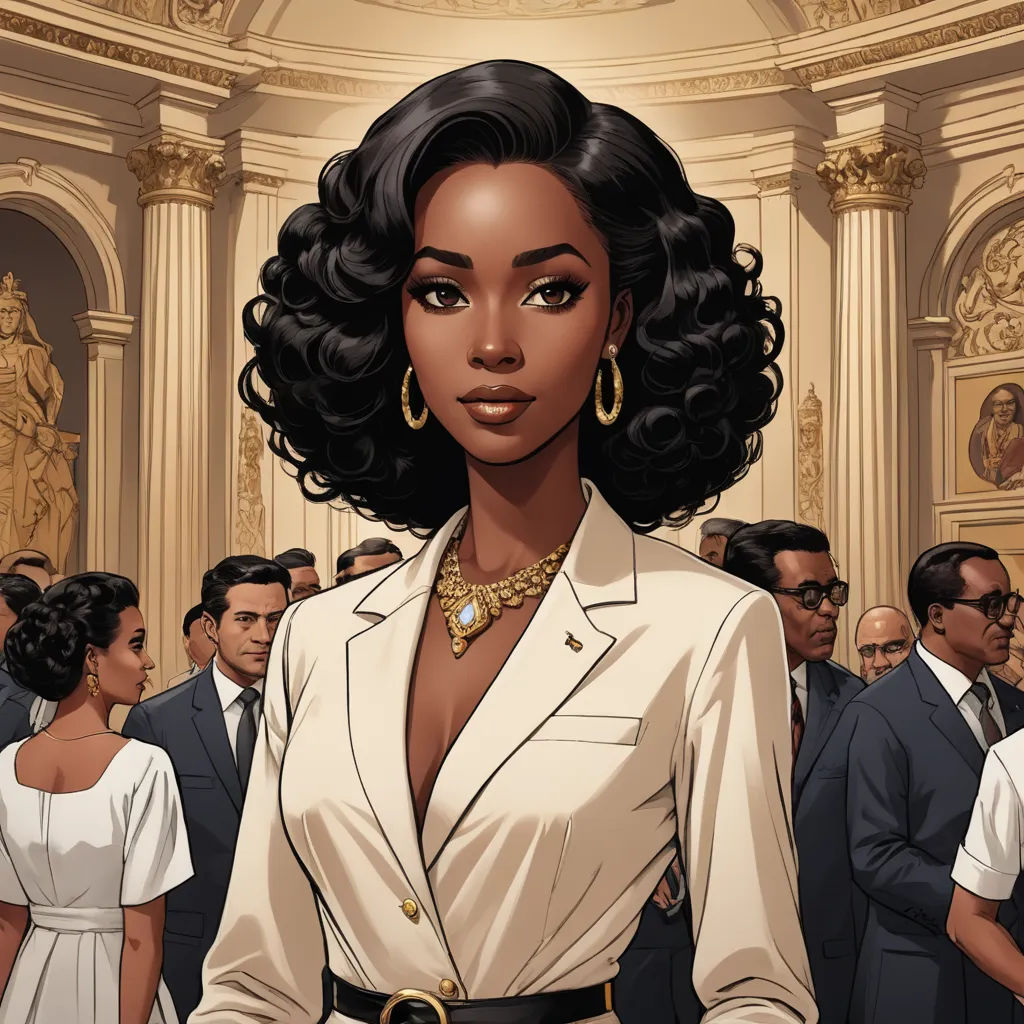 a woman in a white suit standing in front of a crowd of people in a building with a gold necklace, harlem renaissance, a comic book panel, Chinwe Chukwuogo-Roy, comic cover art