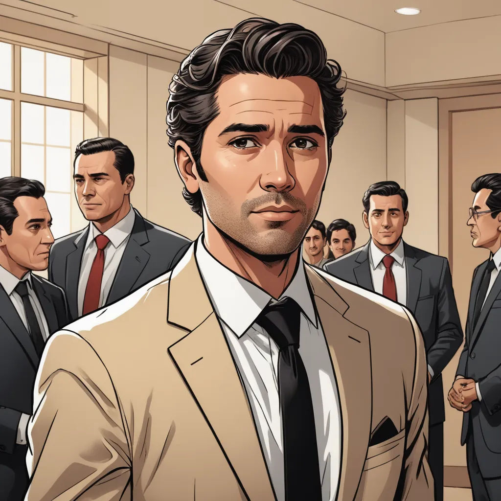 a man in a suit and tie standing in front of a group of men in suits and ties in a room, serial art, a comic book panel, Edwin Georgi, graphic novel