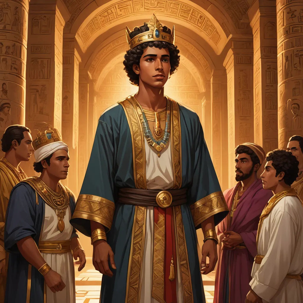 a painting of a man in a crown surrounded by other men in ancient greek costumes and headdress, altermodern, egyptian art, Altichiero, magic the gathering artwork