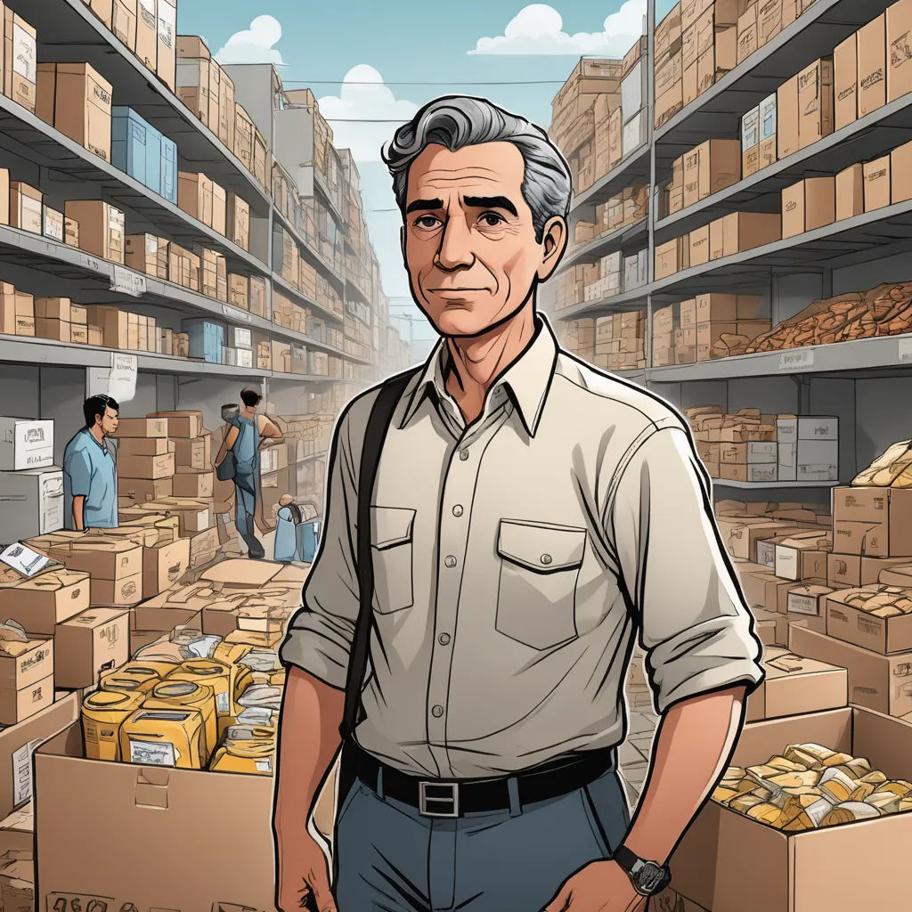 a man standing in a warehouse with boxes on the shelves and a man in the background with a beard, serial art, a character portrait, Allan Brooks, character portrait