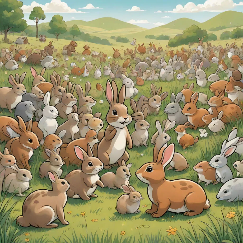 a bunch of rabbits are in a field of grass and flowers, with a sky background and trees and hills, Chris LaBrooy, furry art, a storybook illustration, furaffinity