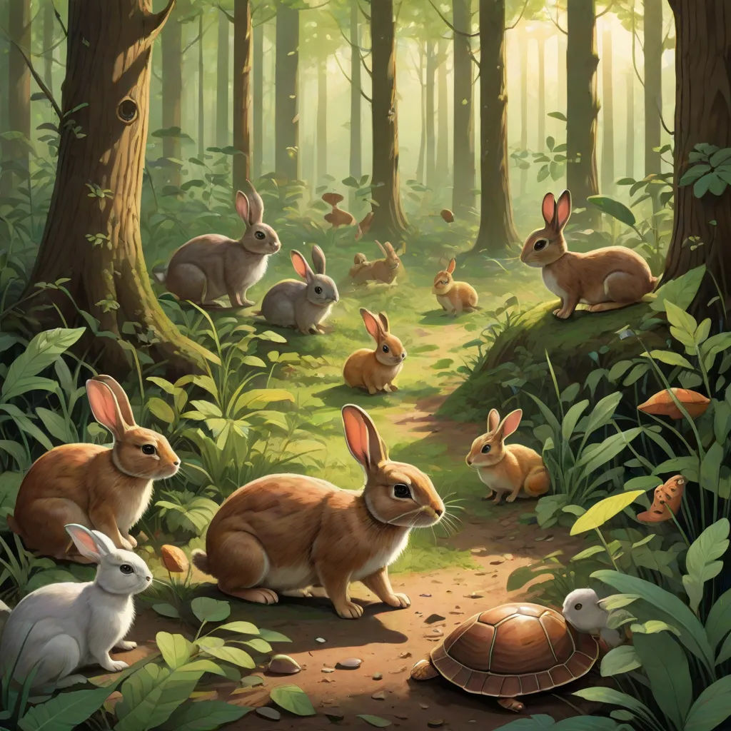 a painting of rabbits and tortoises in a forest setting with a path leading to a turtle and a tortoise, Chris LaBrooy, fantasy art, a storybook illustration, rossdraws global illumination