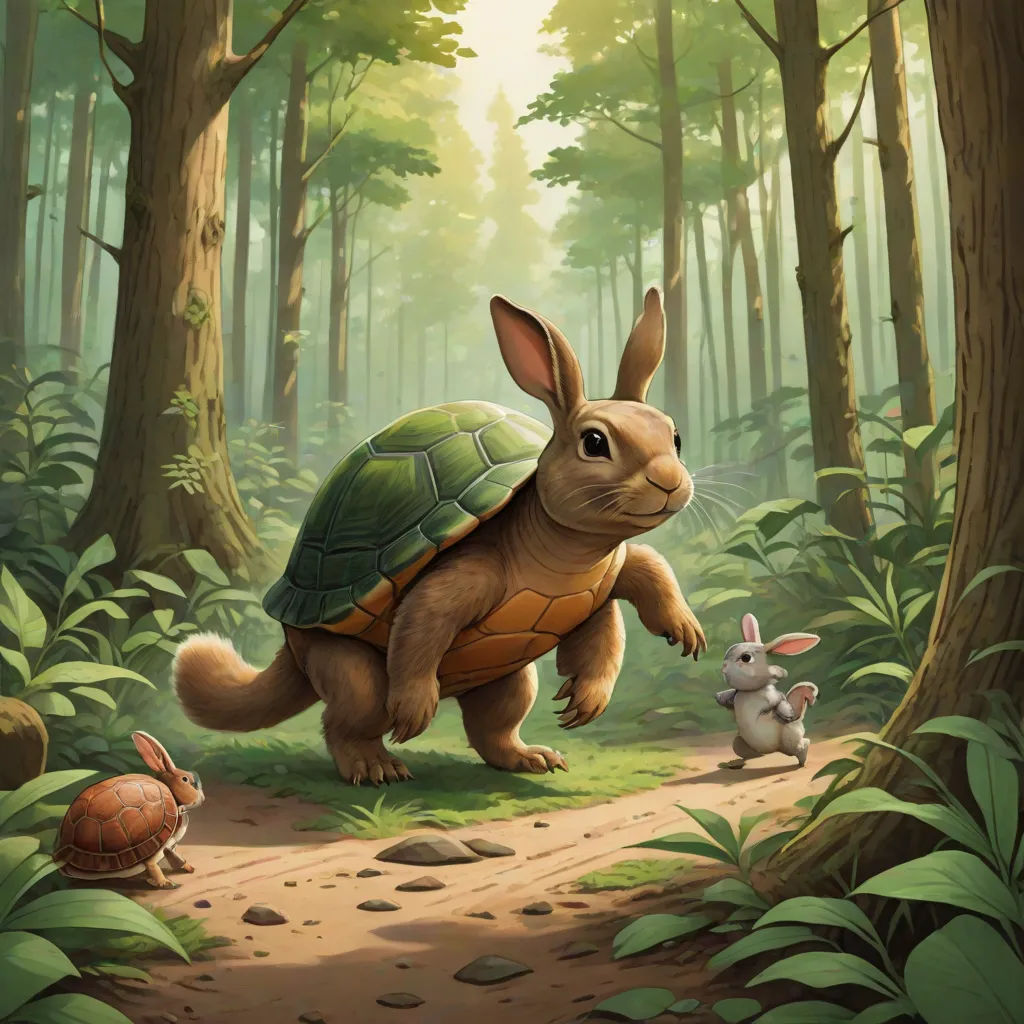 a rabbit and a turtle are in the woods together, and one rabbit is running towards the turtle on the path, Chris LaBrooy, fantasy art, a storybook illustration, official art