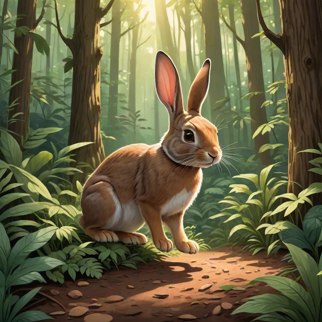a rabbit sitting on a path in a forest with sunlight coming through the trees and leaves on the ground, Chris LaBrooy, fantasy art, a storybook illustration, rossdraws global illumination