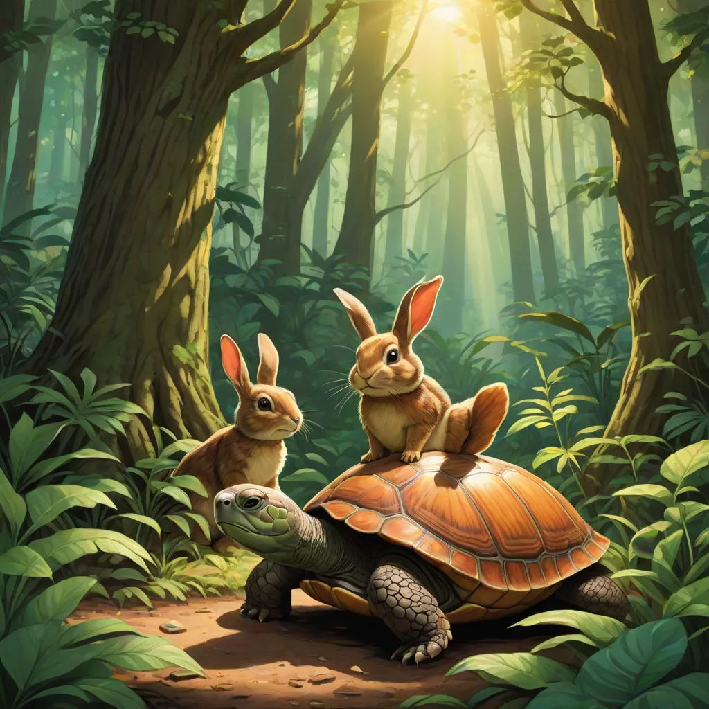 a painting of rabbits sitting on top of a turtle in the forest with a bunny on its back and another rabbit on its back, Chris LaBrooy, fantasy art, a storybook illustration, hearthstone
