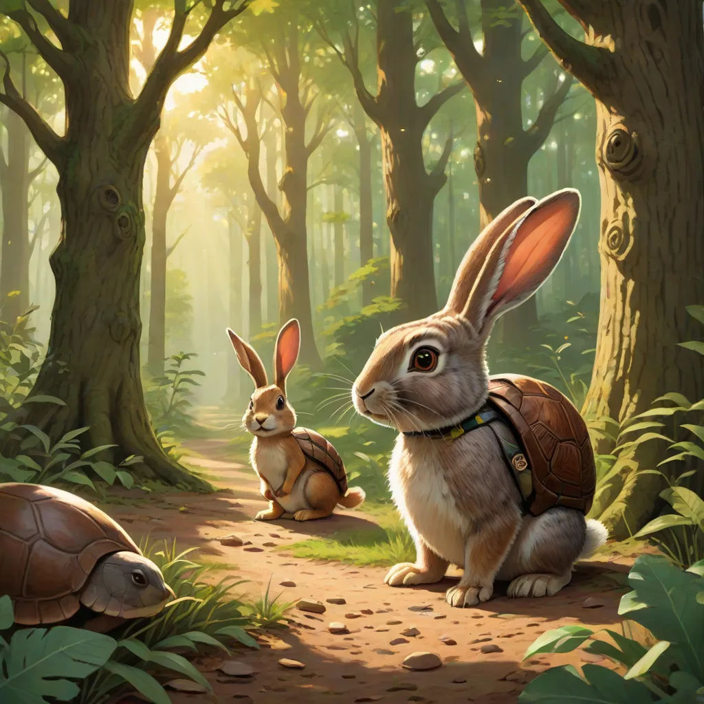 a rabbit and a rabbit sit on a path in the woods, with a turtle nearby, as the sun shines through the trees, Chris LaBrooy, fantasy art, a storybook illustration, rossdraws global illumination