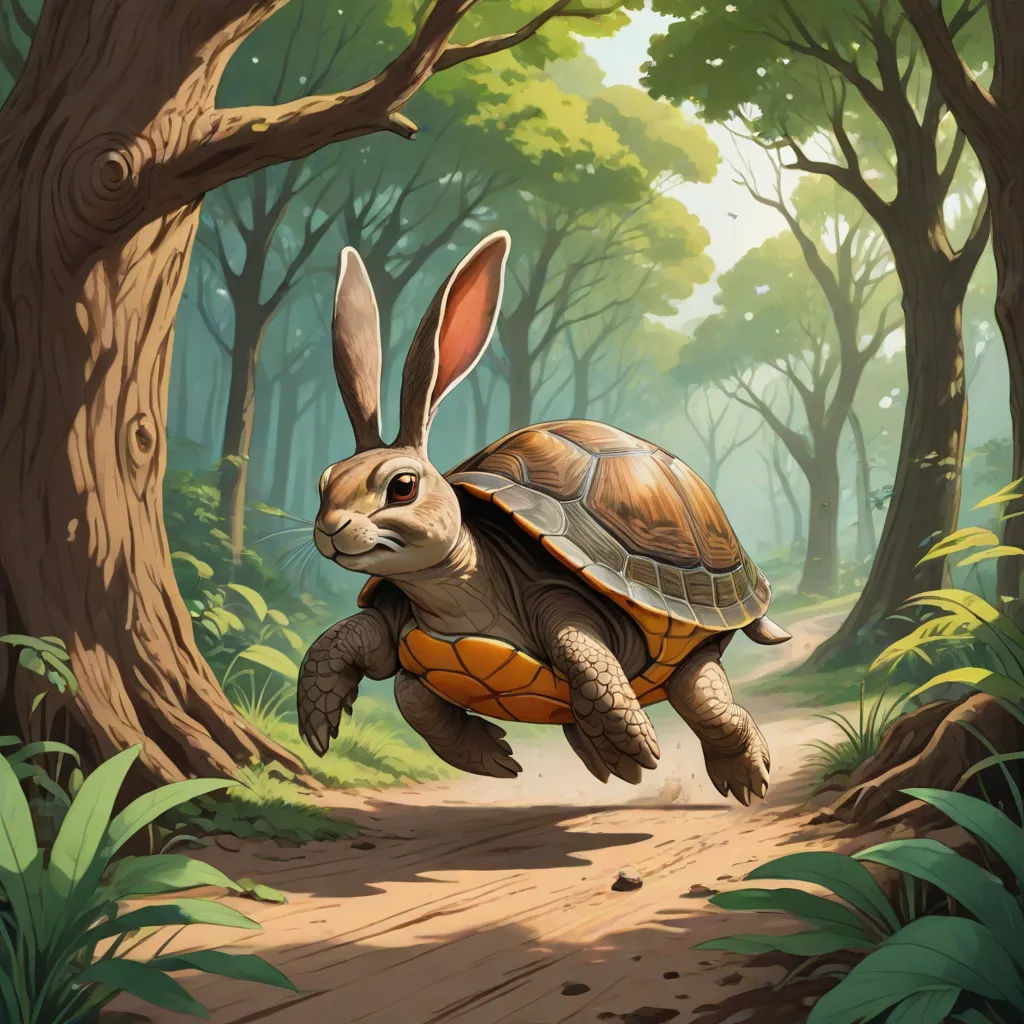 a rabbit is riding on top of a turtle in the woods, with a rabbit on its back and a turtle on its back, Chris LaBrooy, altermodern, a storybook illustration, magic the gathering artwork