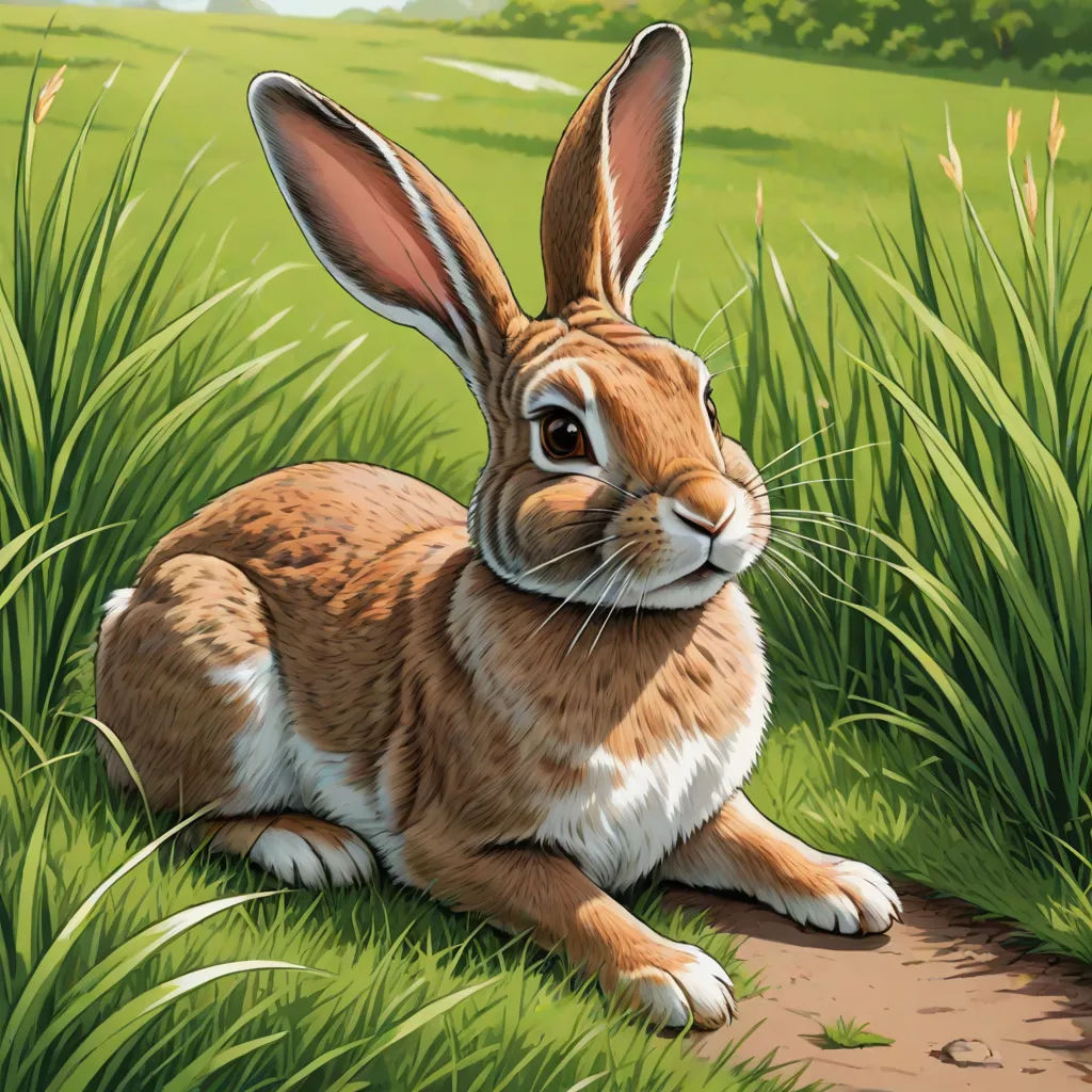 a brown rabbit sitting in the grass near a path and a field of grass and trees in the background, Beatrix Potter, furry art, a detailed painting, walton ford