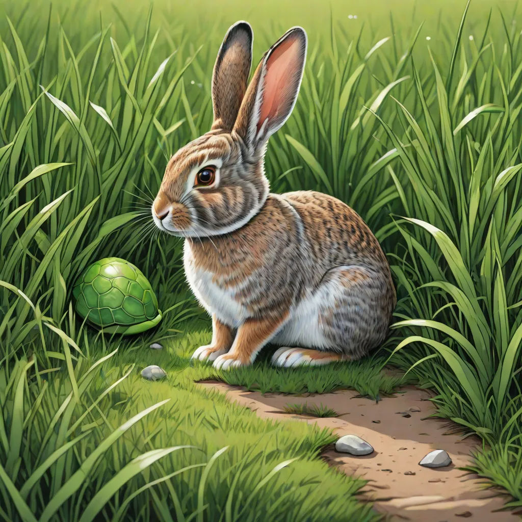 a rabbit sitting in the grass next to a green ball of grass and a green turtle shell on the ground, Bob Byerley, photorealism, a detailed painting, highly detailed digital painting