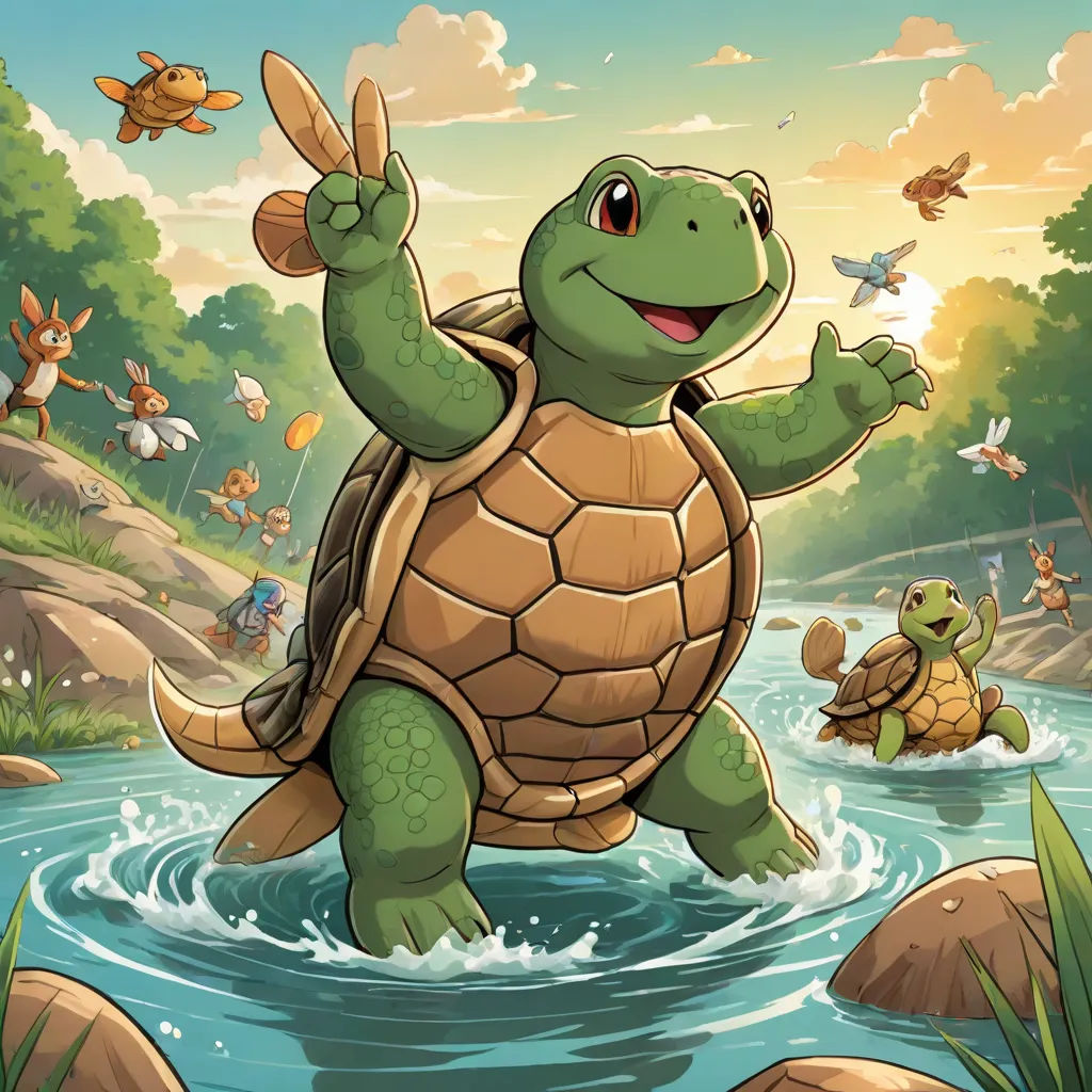 a turtle is standing in the water and waving to the sky with a group of birds flying around him, Chris LaBrooy, sots art, a storybook illustration, official art
