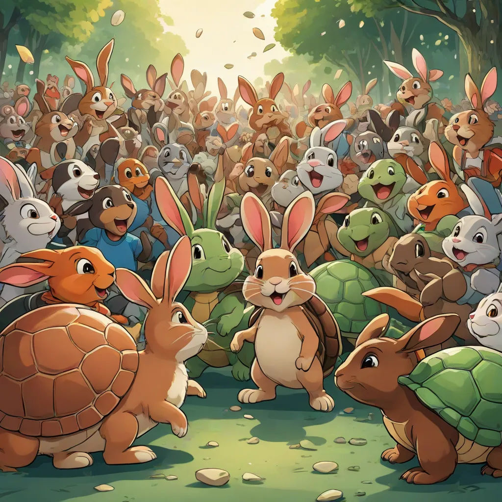 a group of rabbits and tortoises in a forest with a turtle and turtle on the ground and a group of rabbits on the ground, Dan Mumford, furry art, a storybook illustration, official art