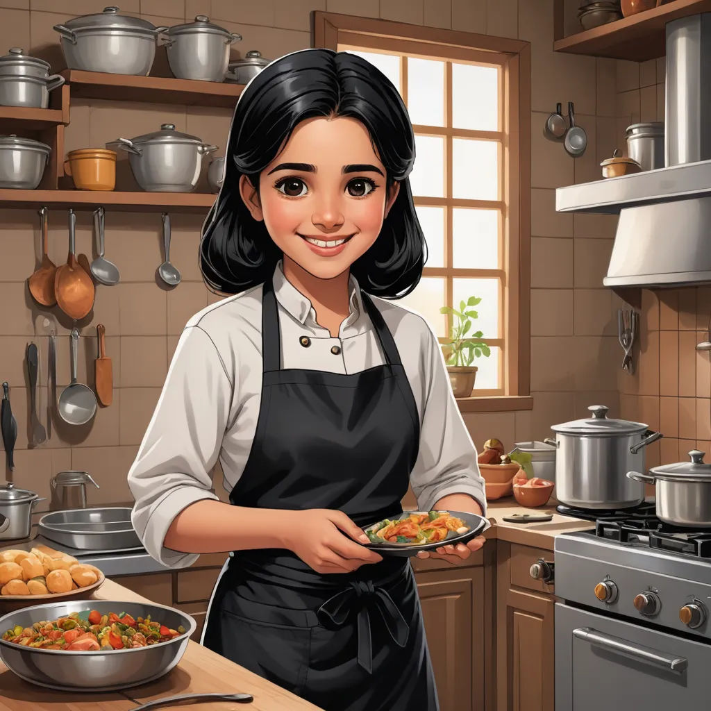 a cartoon of a woman holding a plate of food in a kitchen with pots and pans on the wall, sots art, a character portrait, Byeon Sang-byeok, character art