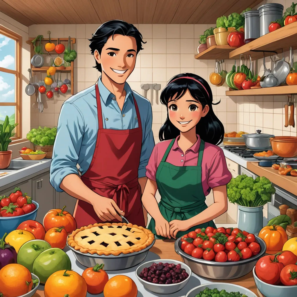 a man and a woman standing in a kitchen with a pie in front of them and a lot of fruits and vegetables, sots art, a storybook illustration, Cliff Childs, promotional image