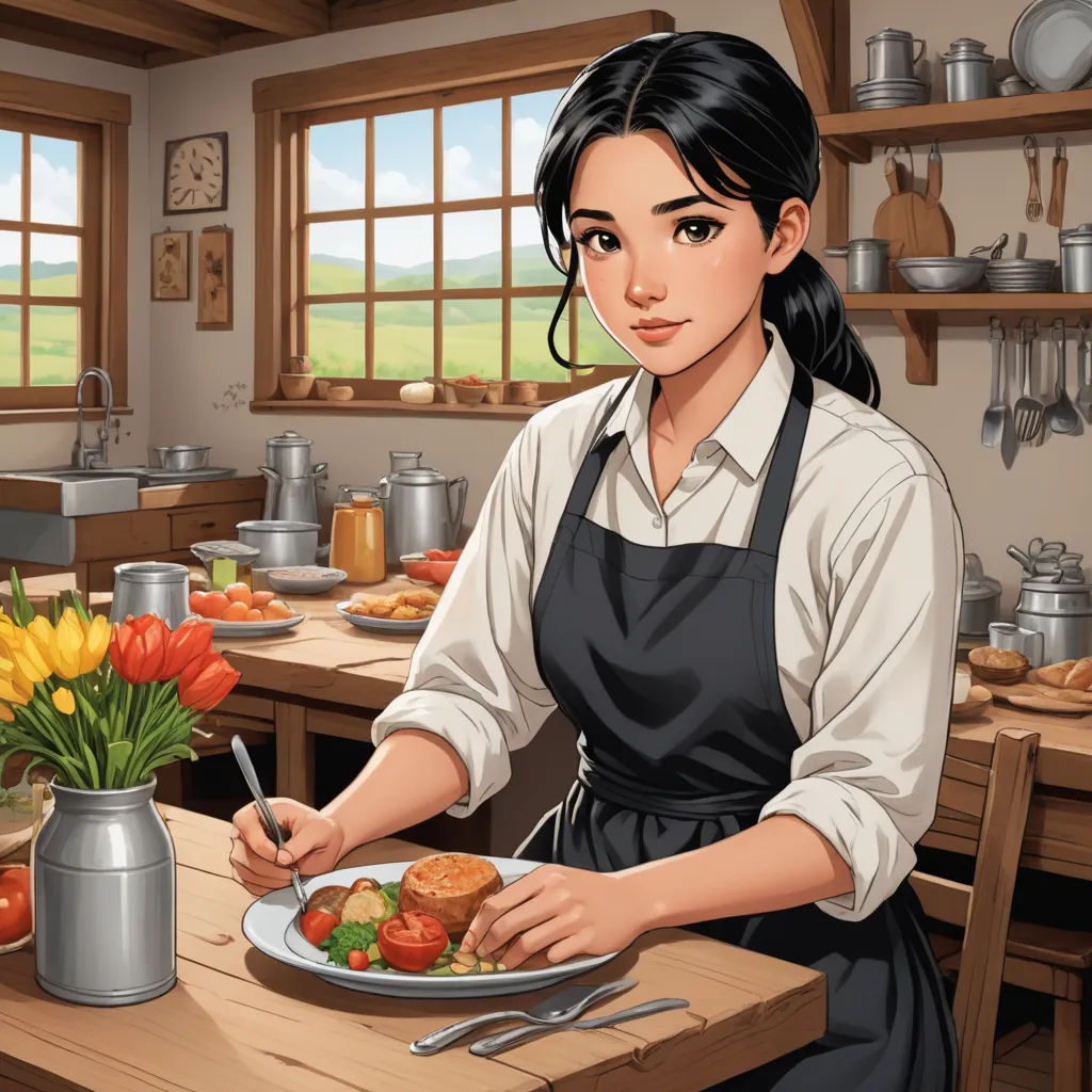 a woman in an apron is eating a meal in a kitchen with a vase of flowers on the table, sots art, a character portrait, Anne Said, official art