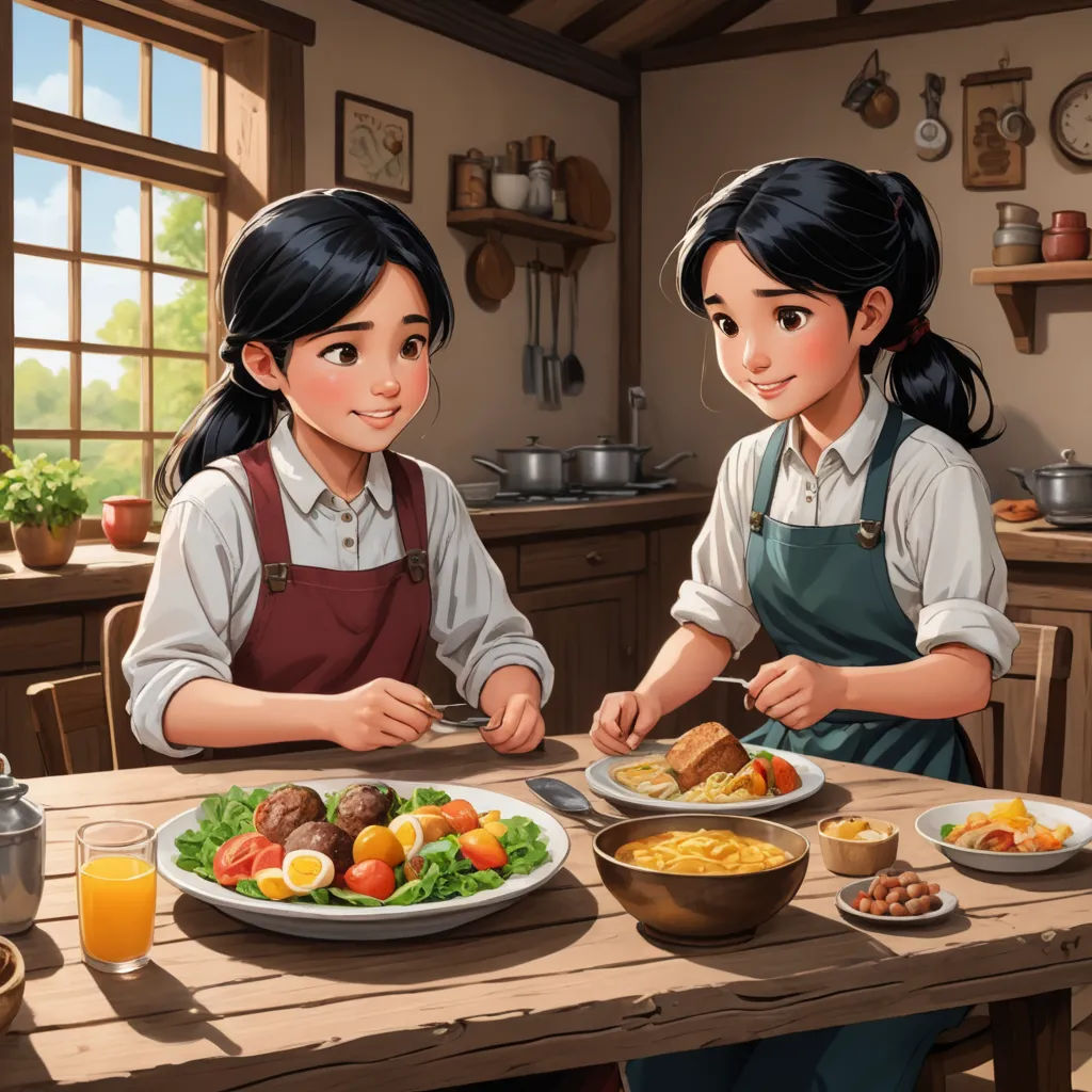 a painting of two girls sitting at a table eating food together, with a window in the background and a clock on the wall, american scene painting, a storybook illustration, Brothers Hildebrandt, official art