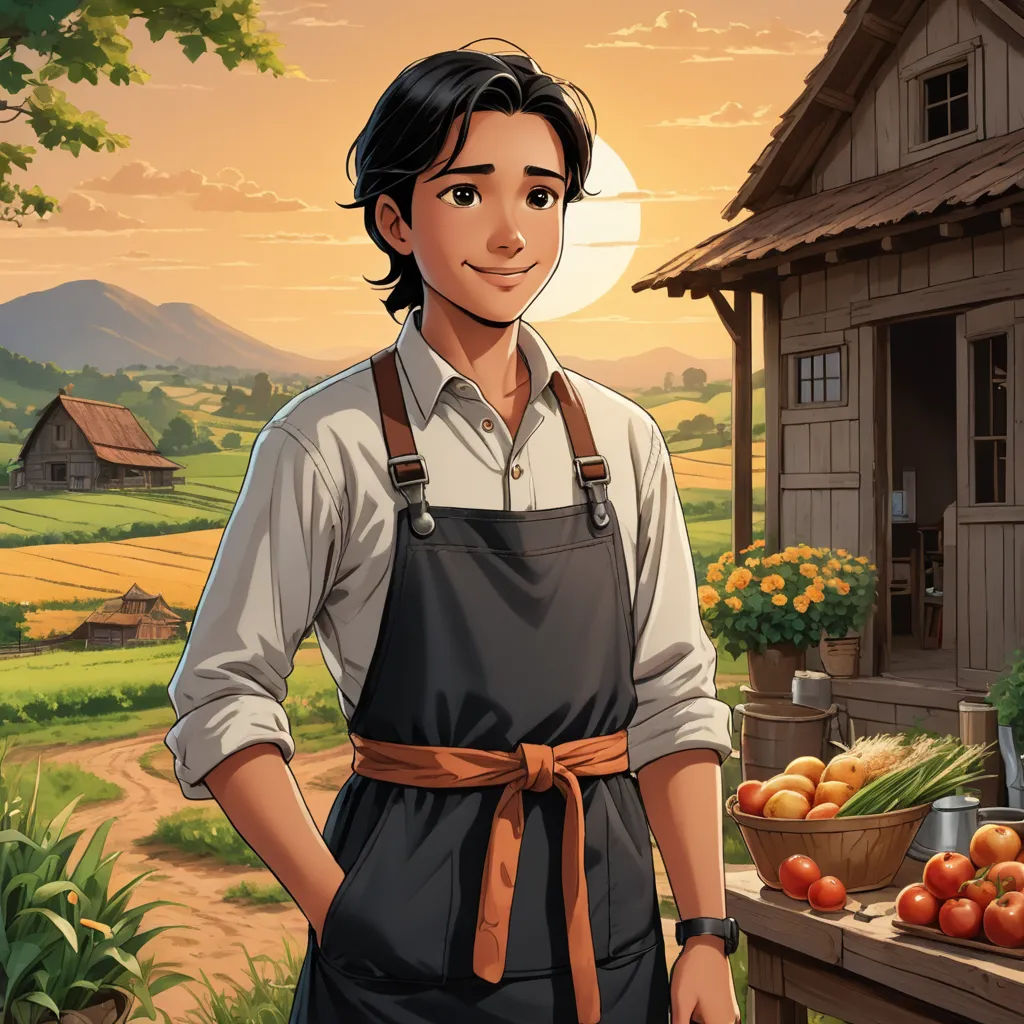 a man standing in front of a table filled with fruit and vegetables in front of a house with a sunset, sots art, a character portrait, Cedric Seaut (Keos Masons), kinkade
